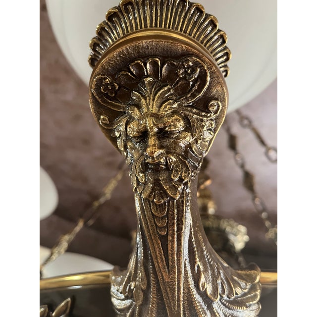 Vintage French Neoclassical / Empire Style Gilt Bronze Chandelier With Tortoiseshell Patterned Bowl and Translucent Glass Shades For Sale In Phoenix - Image 6 of 7