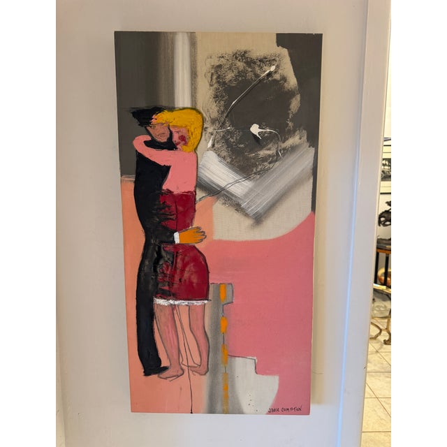 Vertical contemporary figurative abstract painting featuring expressive gestural brushwork, layered textures, and a...