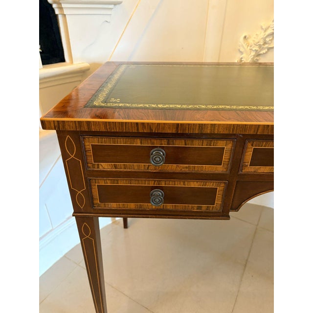 Antique Edwardian Free Standing Mahogany Four Drawer Inlaid Writing Desk, 1910 For Sale - Image 12 of 13