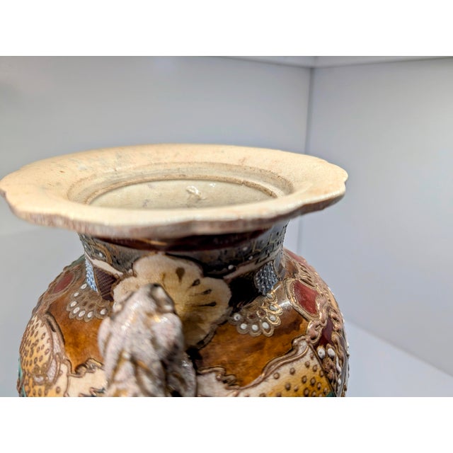 Antique Japanese Satsuma Moriage Vase With Samurai Scene & Figural Handles – 14” For Sale - Image 13 of 18