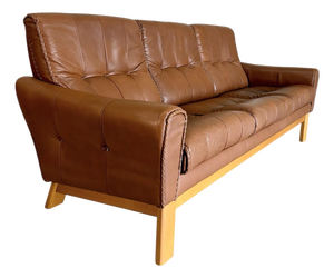 Mid Century Caramel Leather and Beech Sofa With Baseball Glove Stitching