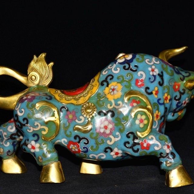 Traditional Vintage Cloisonne Enamel Bull Figurine – 11" Gilt Ox Sculpture With Floral Motif For Sale - Image 3 of 18