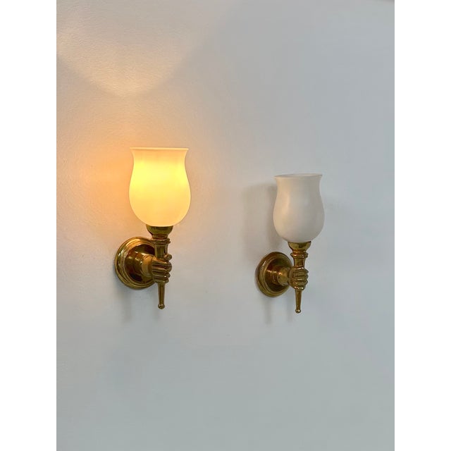 Wall Lights in Brass and Opaline Glass from Maison Jansen, France, 1960, Set of 2 For Sale - Image 4 of 10