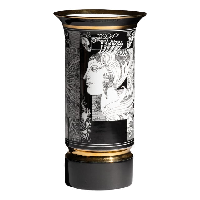 Tall Vintage Black and White Graphic Art Vase, 1970s For Sale