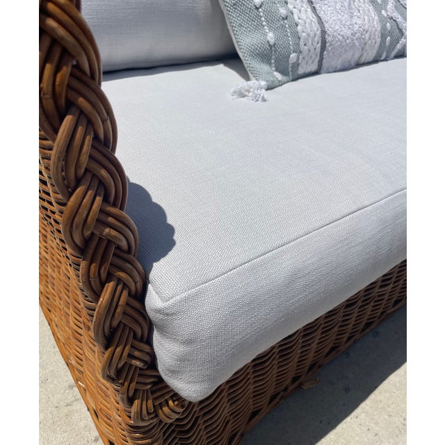 Vintage Braided Wicker Sofas, Michael Taylor Style With New Perennials Upholstery For Sale - Image 12 of 14