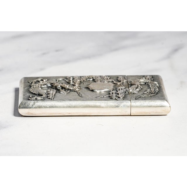 Metal Refined Antique Chinese Export 900 Silver Calling Card Case Holder Dragon Bamboo Bird Asian Design For Sale - Image 7 of 17