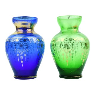 Mid 20th Century Ferro Lazzarini Venetian Green and Blue Glass With Gold Trim and Motif Small Vases - 2 Pieces For Sale