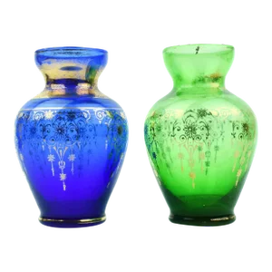 Mid 20th Century Ferro Lazzarini Venetian Green and Blue Glass With Gold Trim and Motif Small Vases - 2 Pieces