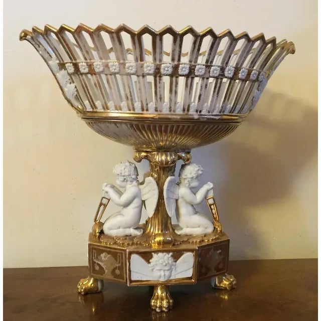 Gold Antique Early 19th Century French Empire Porcelain Corbeille Centerpiece with Angel Supports For Sale - Image 8 of 13