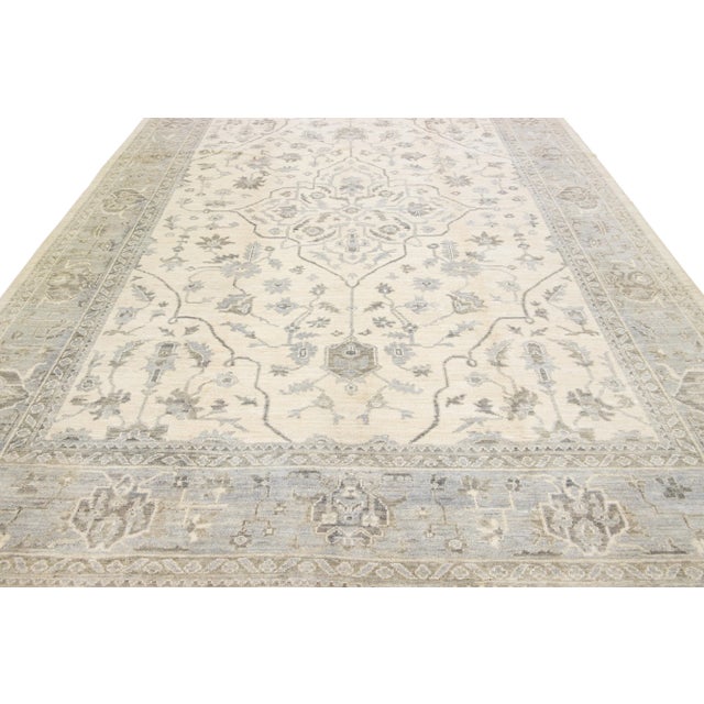 Modern Modern Oushak Handmade Medallion Motif Beige Wool Rug For Sale - Image 3 of 13