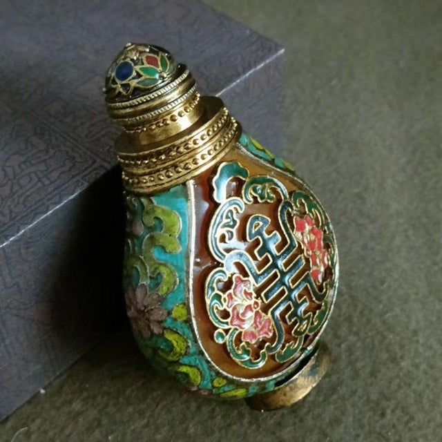 Vintage Gilt Bronze Enamel Snuff Bottle - Floral & Character Design For Sale In Los Angeles - Image 6 of 9