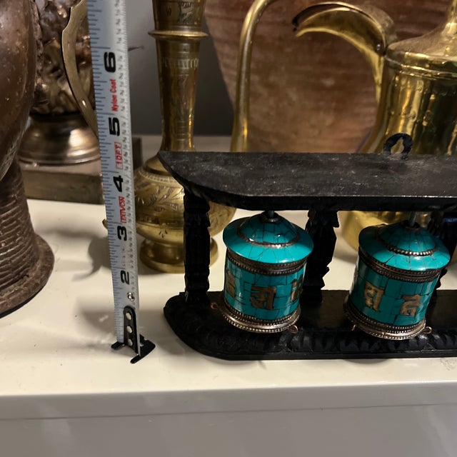 Vintage Tibetan Wall Hanging Teal and Black Prayer Wheel For Sale - Image 11 of 11
