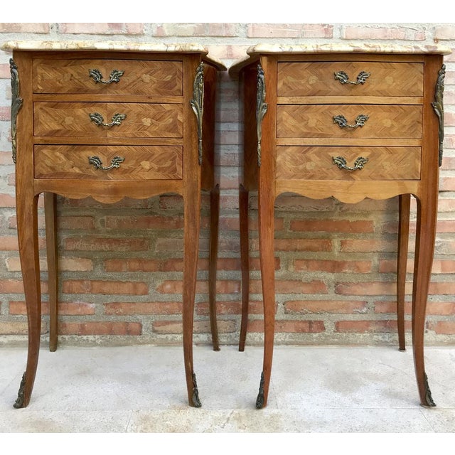 Mid-Century Bedside Tables in French Walnut With Marquetry & Marble Top, Set of 2 For Sale - Image 14 of 14
