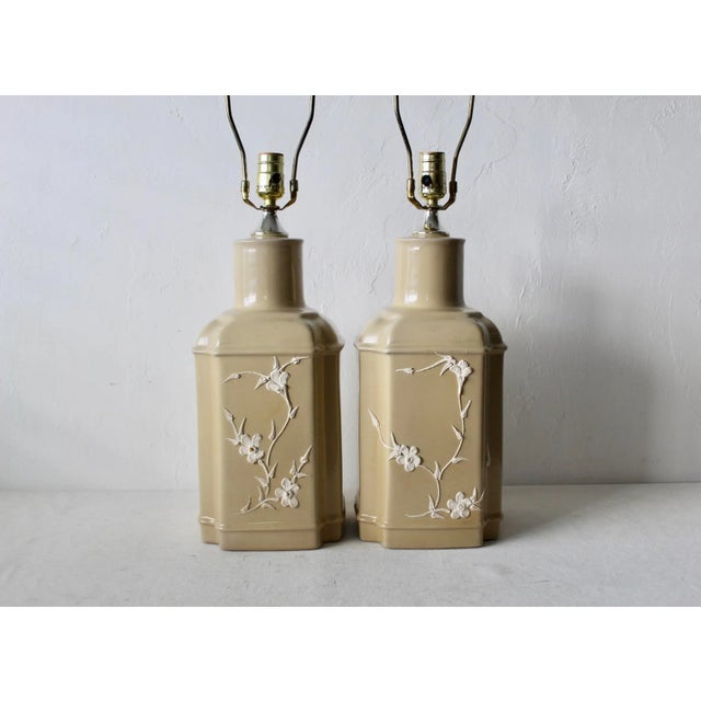 Novelty Crystal Corp Flower Over Beige Chinoiserie Ceramic Table Lamps