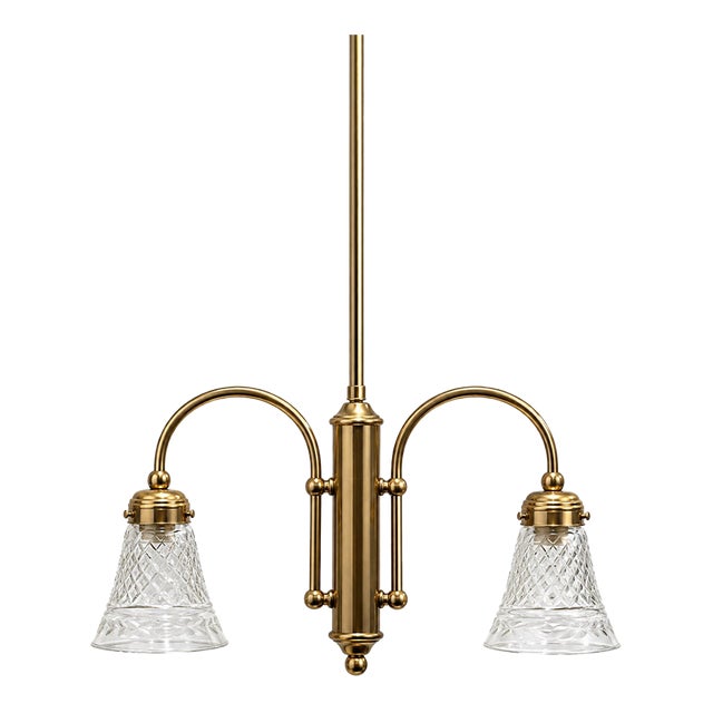 Mid 20th Century H a Framburg Co. Two-Light Brass Dutch Style Dining Chandelier Etched Glass Shades For Sale