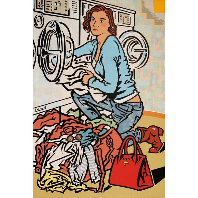 Internal and external cleansing. A woman is washing her clothes. She looks as if she has something to hide, as if she's...