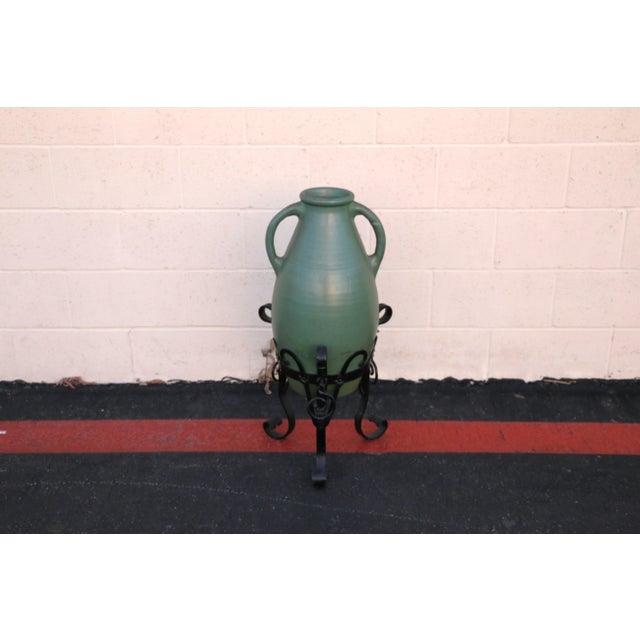 Antique 1920s Olive Green Glazed Oil Jar With Wrought Iron Stand For Sale In Los Angeles - Image 6 of 16