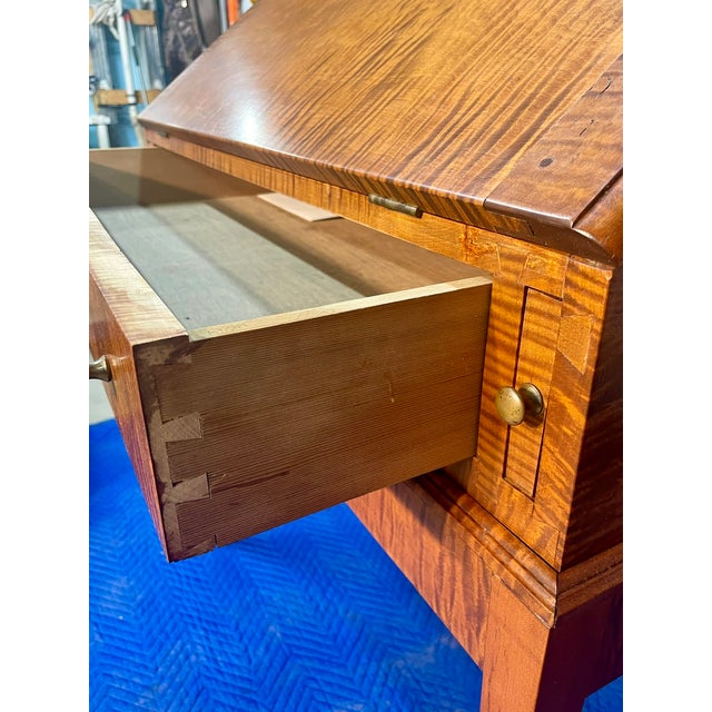 Tiger Maple Bench Made Drop Front Secretary Desk on Frame Late 20th Century For Sale - Image 12 of 18