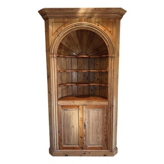 1950s Solid Wood Rustic Corner Hutch Cabinet W/ Arched Top & Lower Storage For Sale