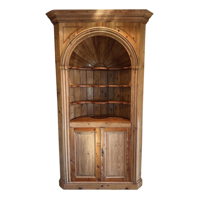 1950s Solid Wood Rustic Corner Hutch Cabinet W/ Arched Top & Lower Storage For Sale