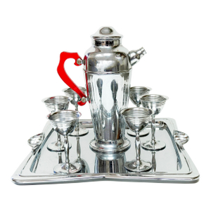 Art Deco Chrome & Red Bakelite Cocktail Set - 8 Pieces