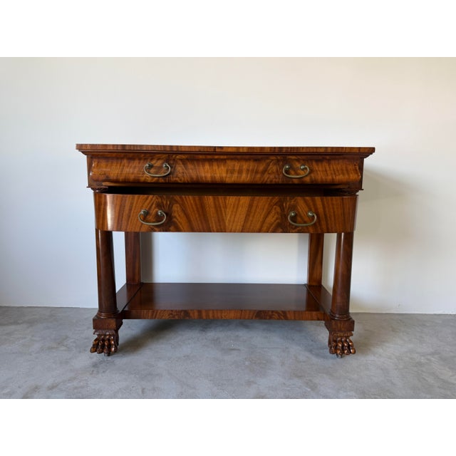 1900 - 1909 Antique Empire Style Console Table With Carved Paw Feet & Casters For Sale - Image 5 of 17