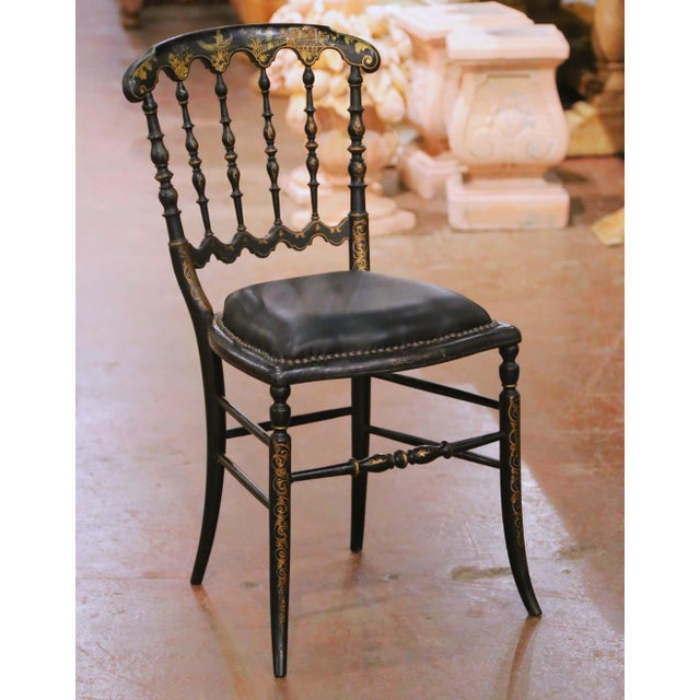 Late 19th Century Napoleon III French Ebonized Side Chair With Gilt Decoration and Leather Seat For Sale - Image 5 of 8