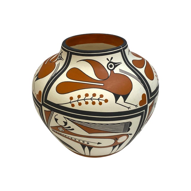 Late 20th Century Large Adrian Vallo (Acoma Pueblo) New Mexico Native American Olla Jar/Vase With Heartline Deer and Bird Motif For Sale - Image 5 of 13