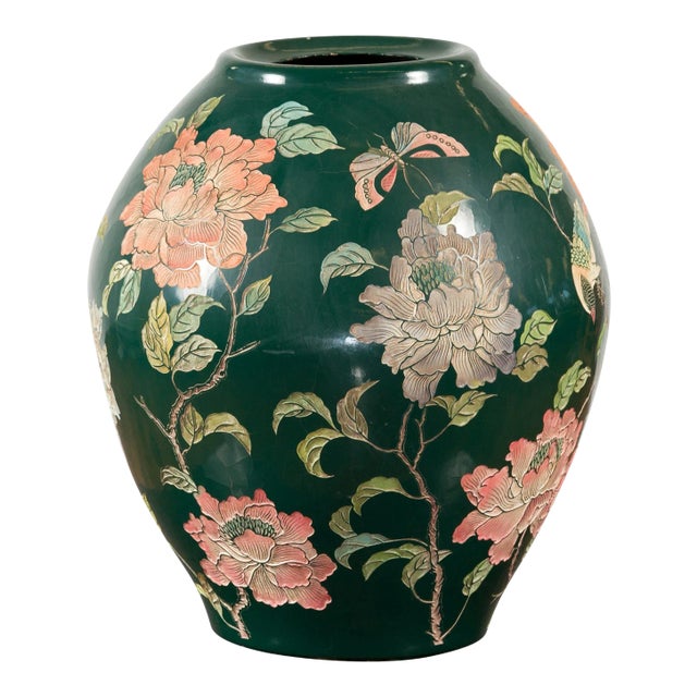 Vintage Chinese Handcrafted Green Vase with Incised Floral and Butterfly Decor For Sale