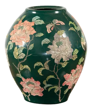 Vintage Chinese Handcrafted Green Vase with Incised Floral and Butterfly Decor