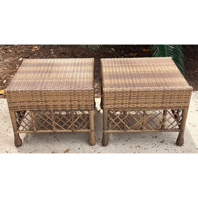 Pair of woven rattan coastal style ottomans perfect for extra sitting or for the end of a bed. These measure 20" square,...