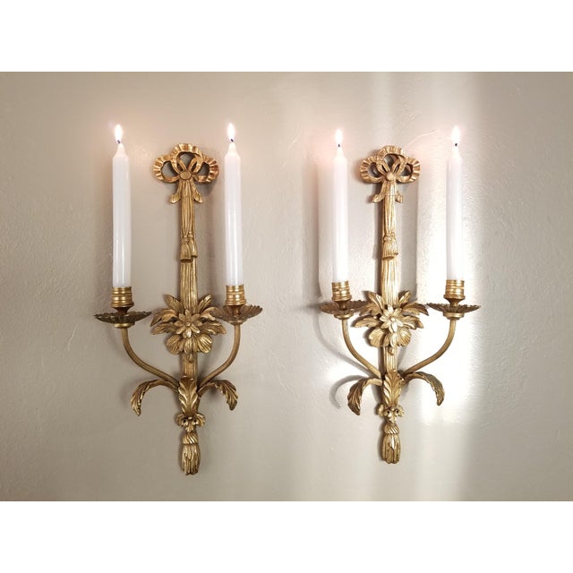 Vintage Pair of Friedman Brothers New York Louis XVI Style Gilt Gesso Wall Sconces For Sale - Image 16 of 18