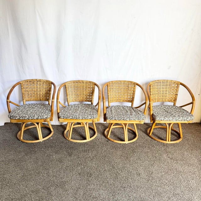 Boho Chic Rattan Wicker Swivel Arm Dining Chairs - Set of 4 For Sale - Image 9 of 9