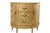 Charming half-round accent cabinet in an antiqued gold finish, hand-painted with songbirds perched on flowering branches....