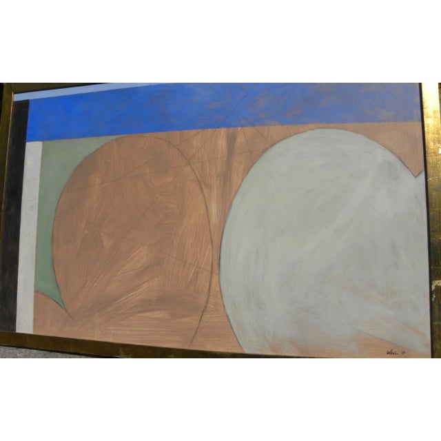 Large mixed media abstract painting (28 3/4" by 39 1/2", 31 3/4" by 42 1/2" in gold leaf frame) on plywood panel, signed...