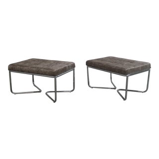 1980s Chrome and Velvet Ottoman Stools - a Pair For Sale
