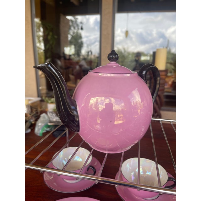 1930s Art Deco Pink & Black Lusterware Iridescent Tea/Coffee Set R W Bavaria - Set of 15 For Sale - Image 4 of 11