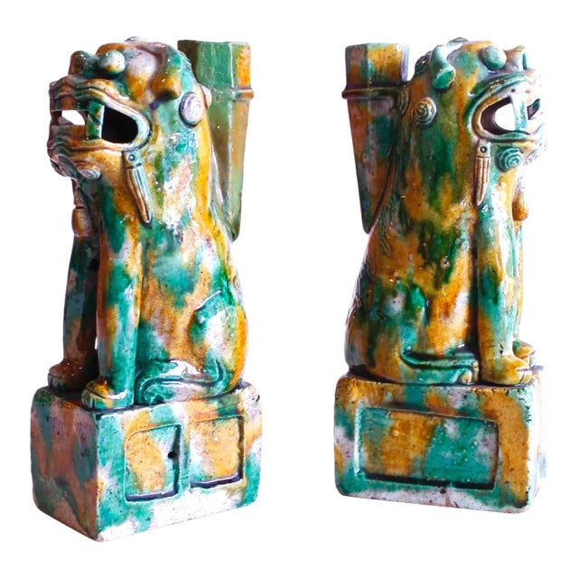 Kangxi Sancai Glazed Biscuit Chinese Foo Dogs - a Pair For Sale