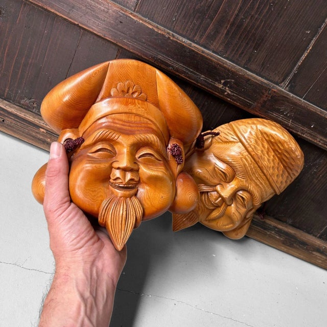1960s Vintage Japanese Wooden Masks, 1960s, Set of 2 For Sale - Image 5 of 9