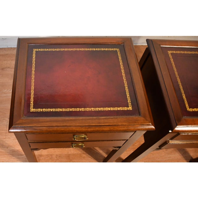 1940 Pair of Regency Style Mahogany Lather Top Night Stands Bedside Tables For Sale - Image 10 of 11