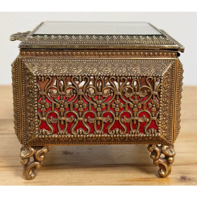 Brass Vintage Ormolu Brass Beveled Glass Jewelry Casket For Sale - Image 8 of 11