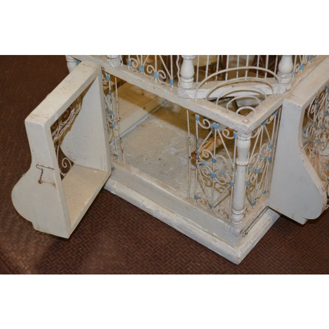 Vintage 1960s Dome Top Balloon Birdcage Cream Blue Wire / Metal & Wood Tunisian Moroccan For Sale - Image 12 of 13