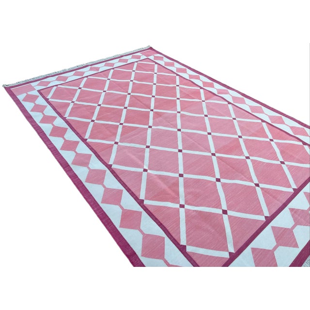 Textile Handmade Cotton Natural Vegetable Dyed Reversible Pink and White Checked Tile Rug - 10'x14' For Sale - Image 7 of 11