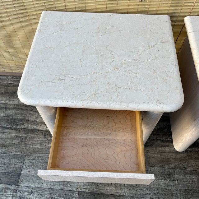 A Pair of Postmodern Custom-Made, Bull-Nose Marble Top Nightstands. Circa 1990s For Sale - Image 9 of 18