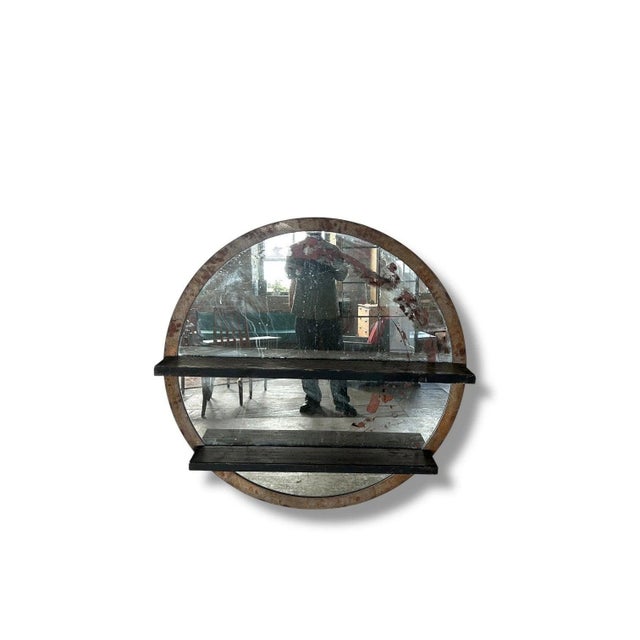 Brown Large Industrial Circular Mirror with Shelves For Sale - Image 8 of 9