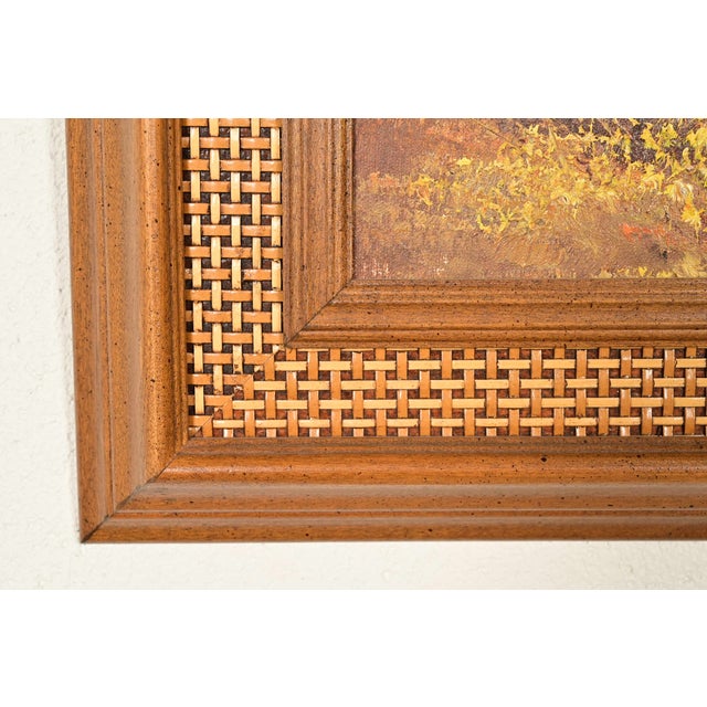 Original Artist Signed Oil Painting on Canvas Rural Landscape of "Covered Bridge" in Carved Walnut and Woven Rattan Frame For Sale - Image 9 of 14