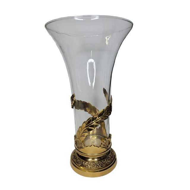 Mid 20th Century Vintage Art Nouveau Hand Blown Glass Vase With Ornate Brass Base For Sale - Image 5 of 5