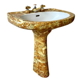 1970s Hollywood Regency Faux Marble Pedestal Sink With Matching Fixtures For Sale
