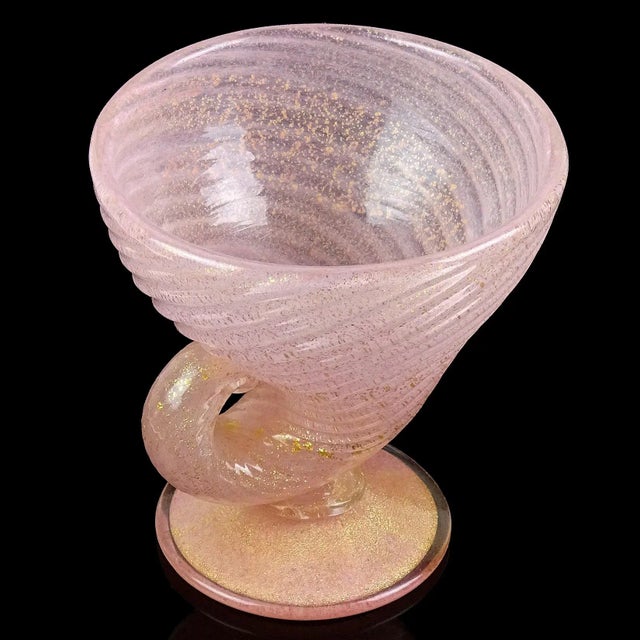 Nautical Vintage Murano Barovier Toso Pink Gold Flecks Italian Art Glass Seashell Horn of Plenty Shape Footed Candy Dish Bowl For Sale - Image 3 of 7