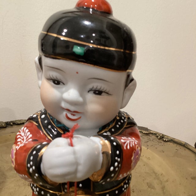 Large Vintage Mid 20th Century Jintong Golden Boy Yunu Jade Girl